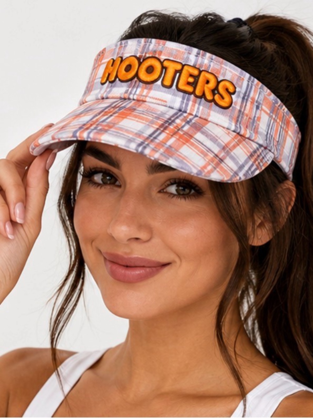 Hooters Plaid Adjustable Visor Hat Orange Embroidered Logo One Size NEW - Picture 2 of 8